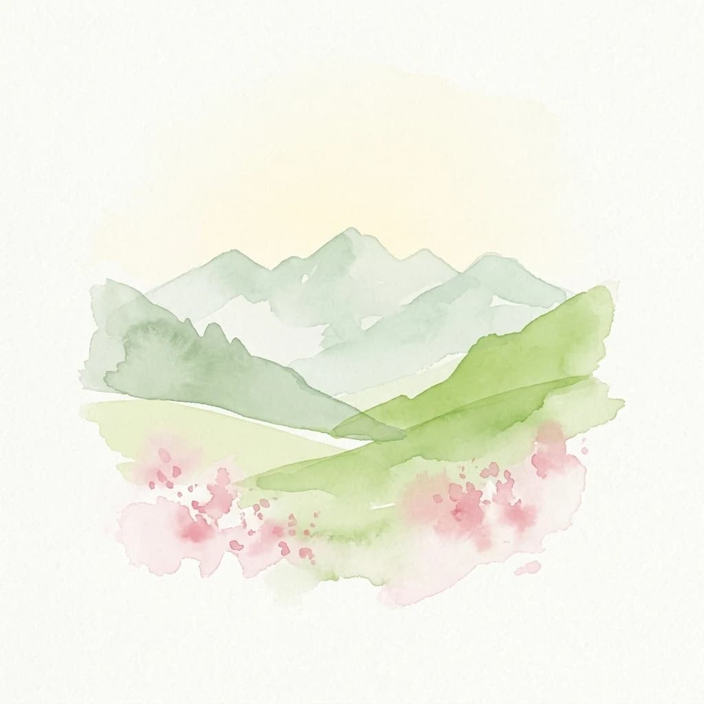 Watercolor illustration of green mountains with pink floral accents on a light background