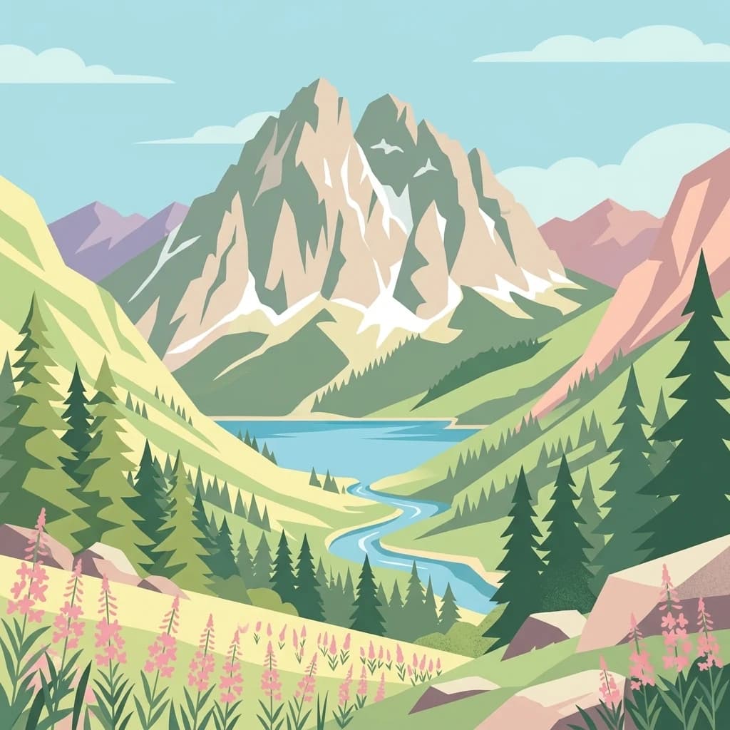 Stylized illustration showing mountain peaks, a blue lake, forested valleys, and pink wildflowers