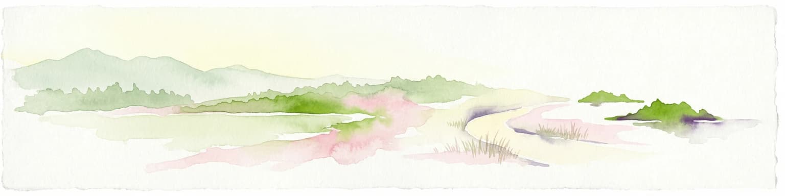 Watercolor illustration of a mountainous landscape with a river, green vegetation, and distant peaks under a light sky