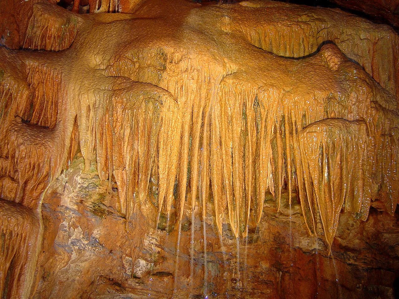 Stalactites hanging from cave ceiling with orange-brown mineral deposits