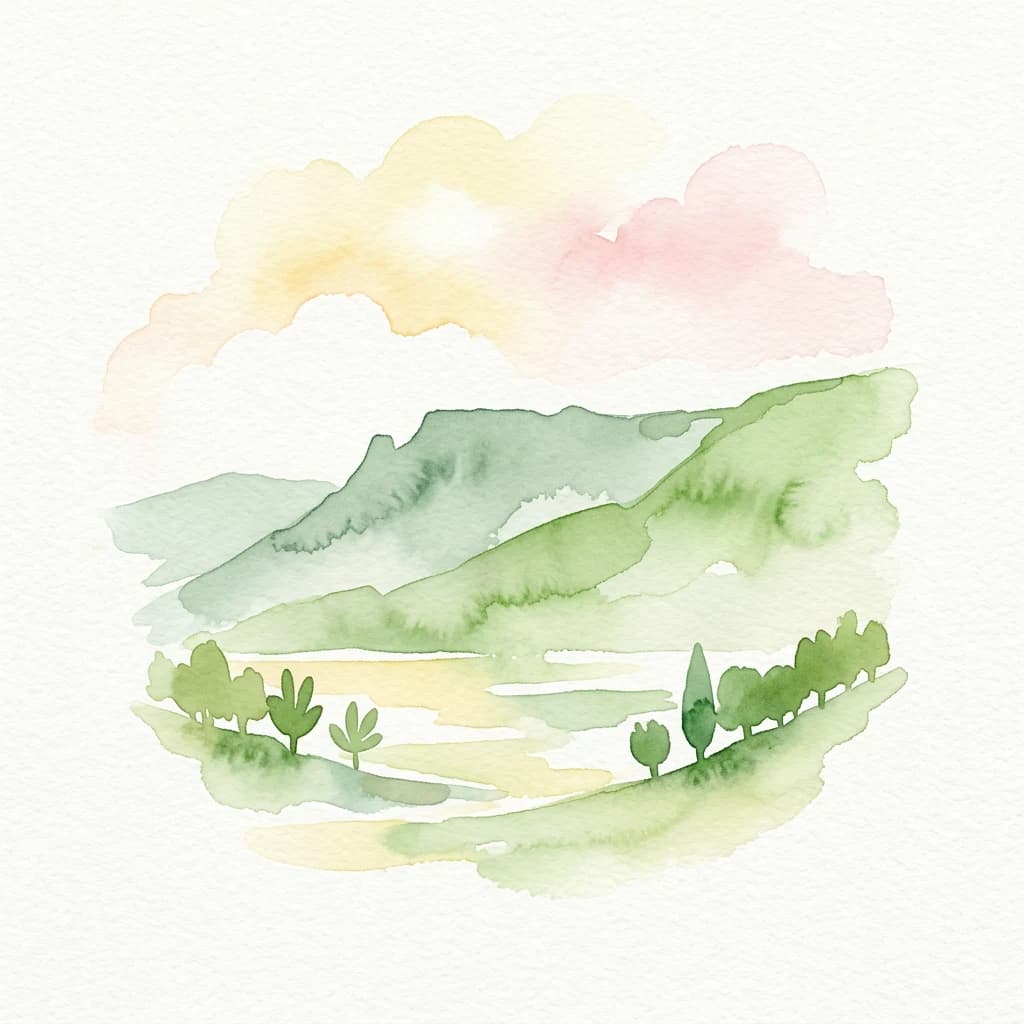 Watercolor illustration of green rolling hills, scattered trees, and a pastel sky with clouds