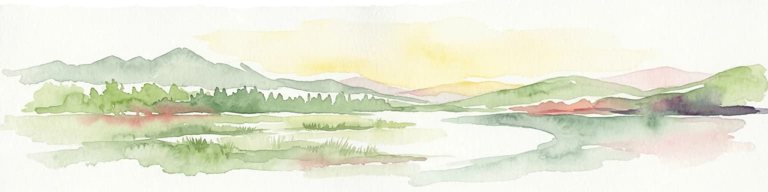 Watercolor illustration of a landscape with rolling hills, a body of water, and vegetation