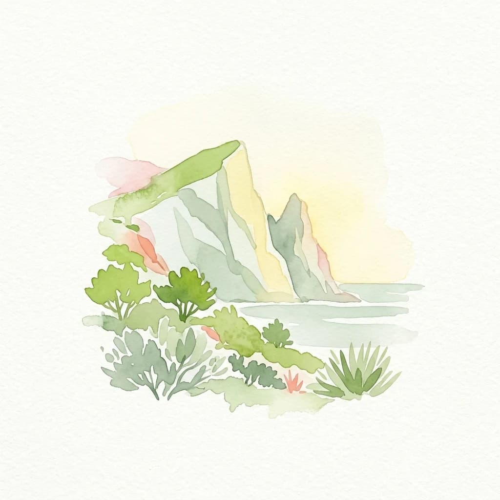 Watercolor depiction of rocky coastal cliffs, green vegetation, and sea