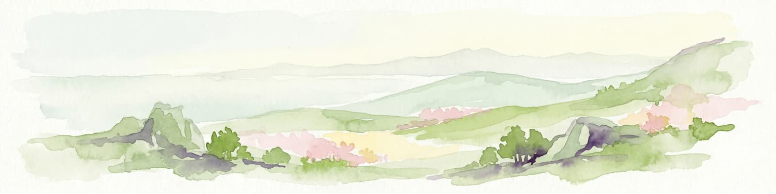 Watercolor illustration showing a landscape with green hills, vegetation, and distant mountains