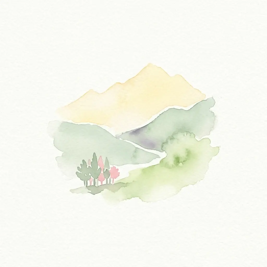Watercolor illustration showing mountains, trees, and a winding river in a landscape