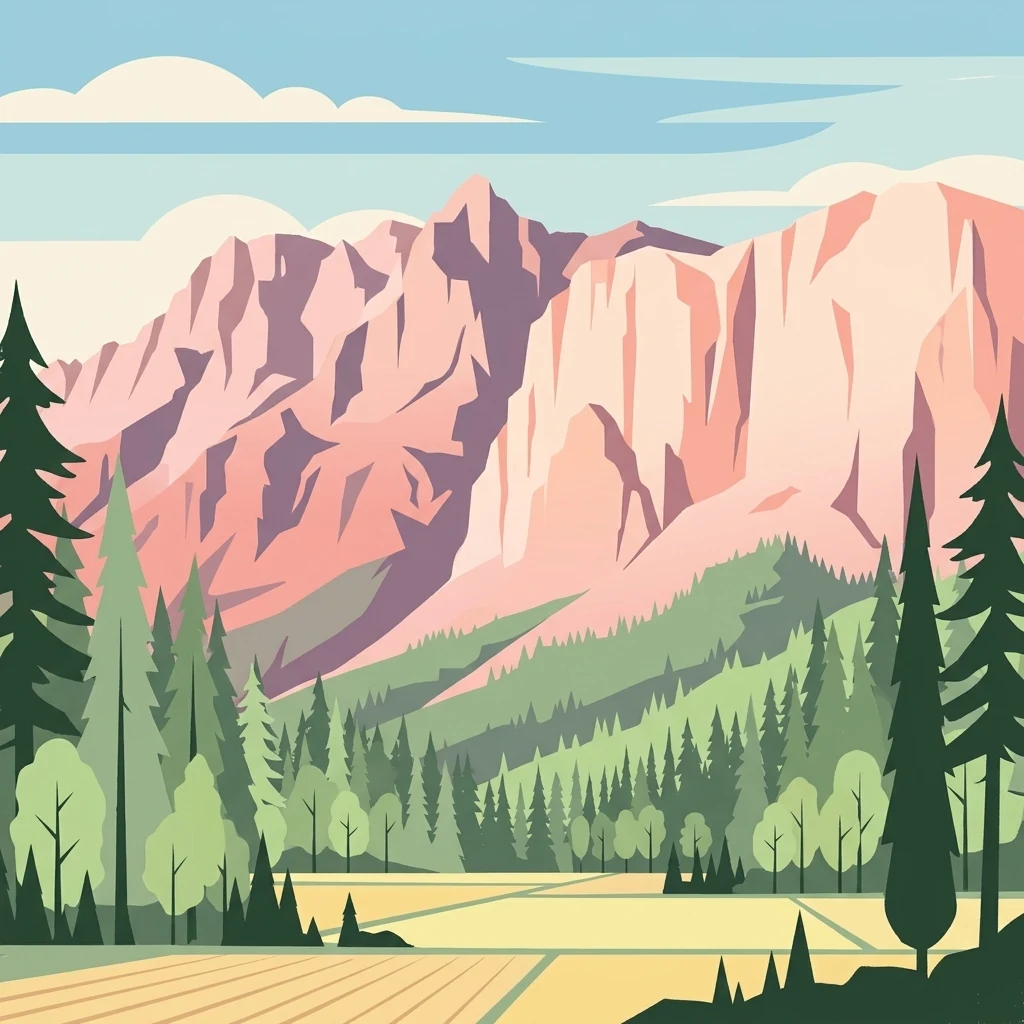 Pink mountain peaks with steep cliffs, green forested slopes, a plowed field, and tall pine trees under a light blue sky with scattered clouds