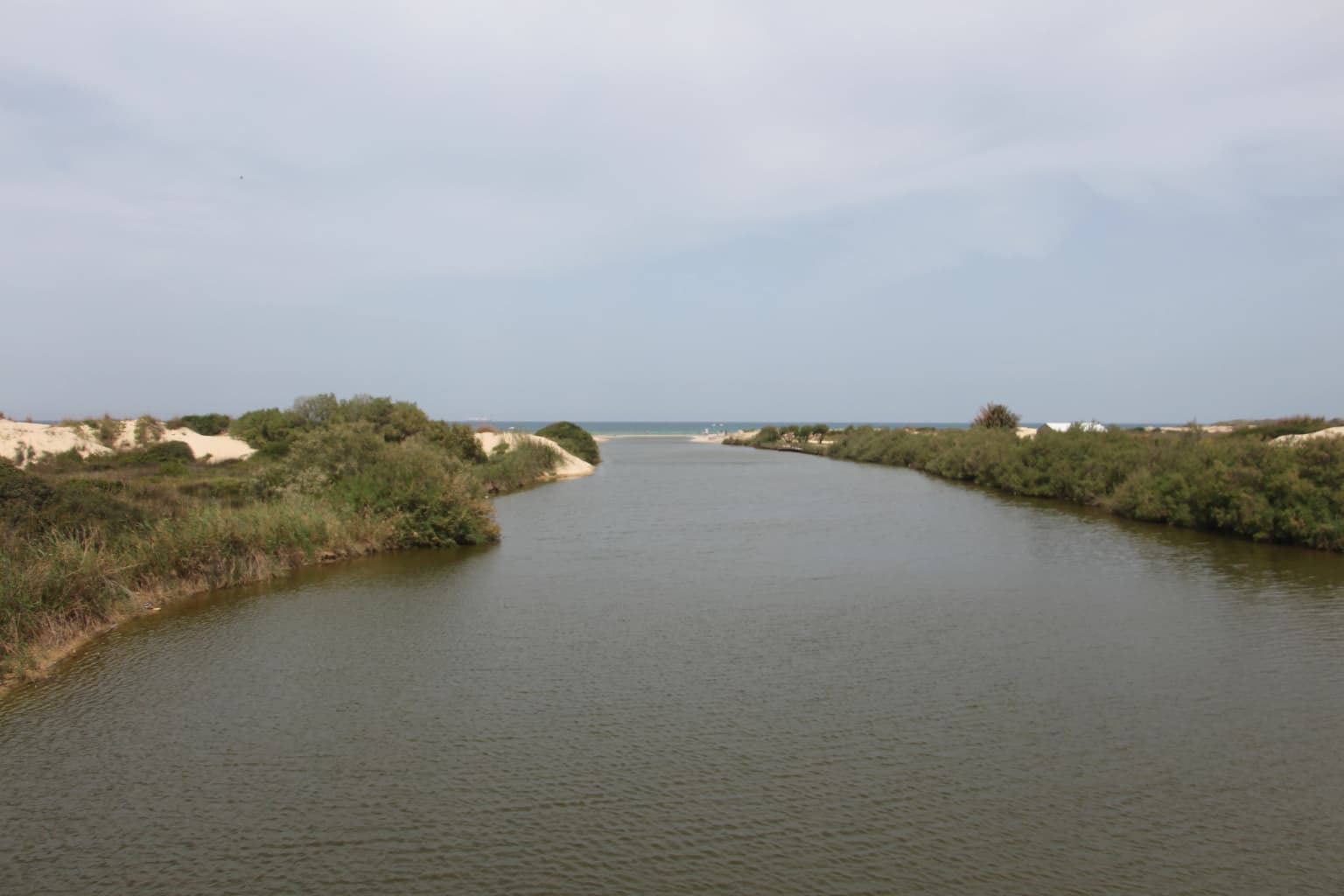 Un río ancho que desemboca en el mar con exuberante vegetación verde en ambas orillas bajo un cielo nublado