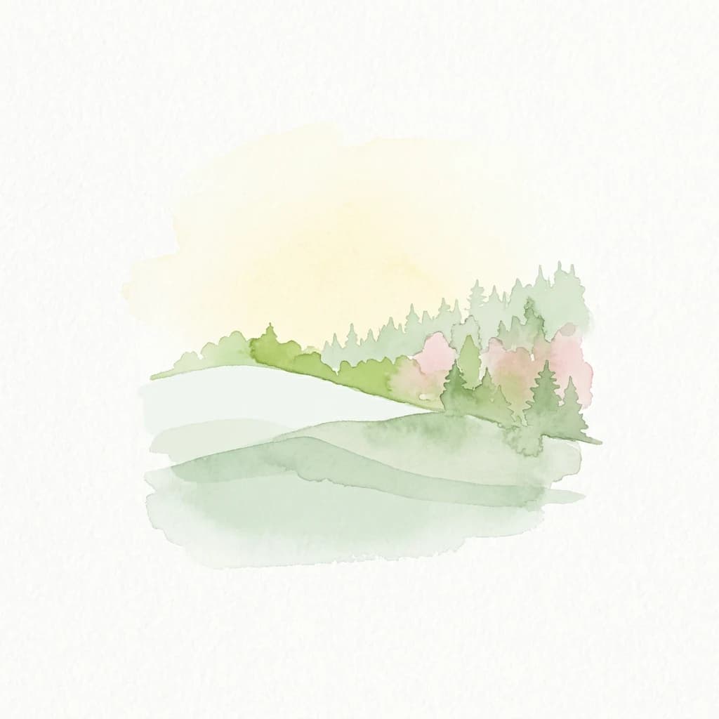 Watercolor illustration of a landscape with green hills, pink flowering trees, and a body of water reflecting the scenery
