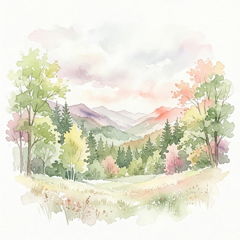 Watercolor painting of a mountainous valley with forests, hills, and light-colored clouds in the sky