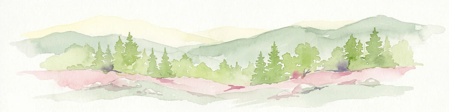 Watercolor illustration of a mountainous landscape with green forests, rolling hills, and distant mountains under a light sky