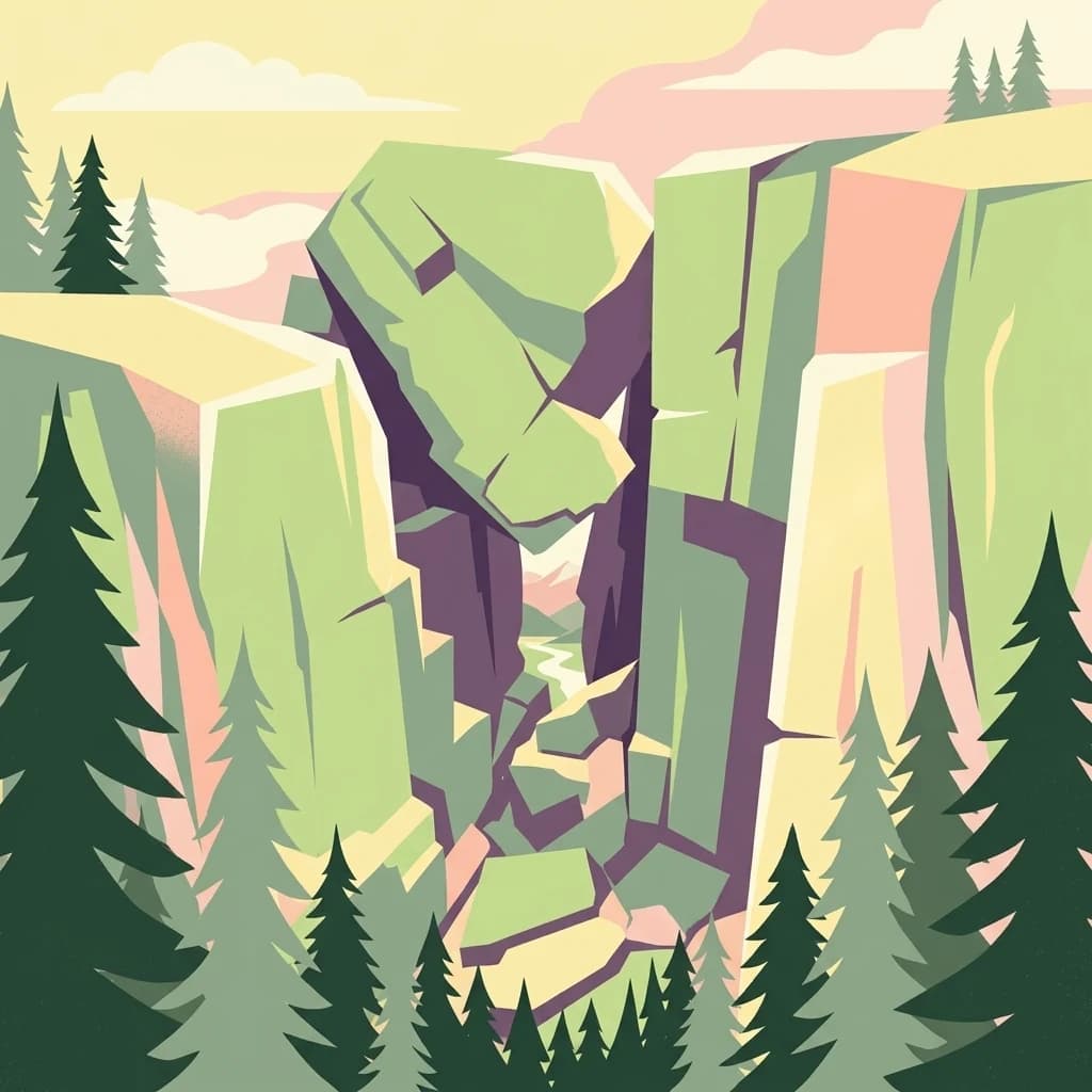 Illustration of a mountain landscape with green cliffs, rocky formations, and pine trees