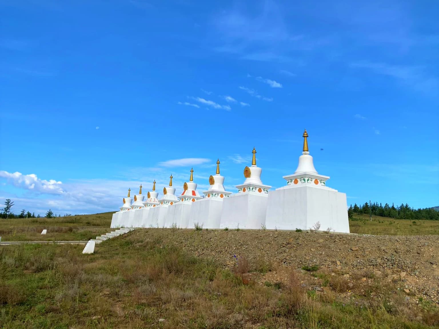 White Buddhist stupas with golden spires on a grassy hillside under blue sky