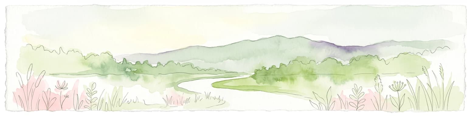 Watercolor painting of a river winding through a grassy plain toward distant rolling hills under a soft light.