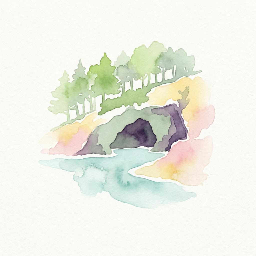 Watercolor illustration of a coastal sea cave with trees on a hillside and turquoise water