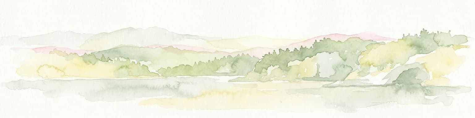 Watercolor illustration of a coastal landscape with hills, trees, and a body of water