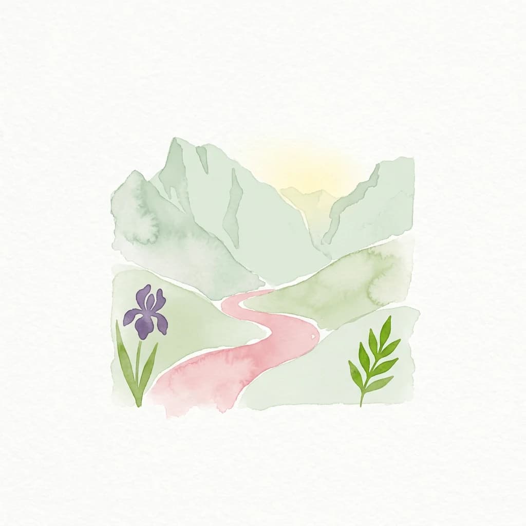 Watercolor painting showing green mountains, a pink winding path, a purple iris flower, and green leafy plants