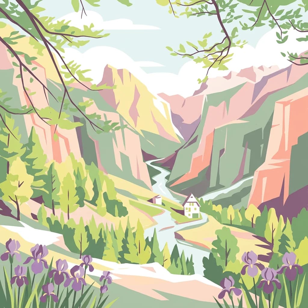 Illustrated mountain valley with winding river, small house, green forests, and purple wildflowers