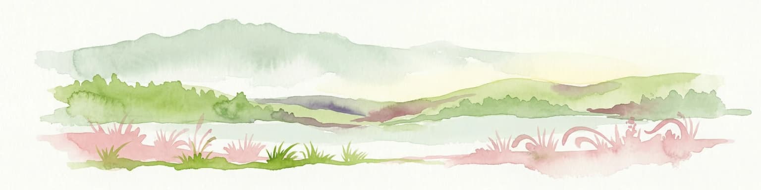 Watercolor painting showing a mountainous landscape with a lake, green hills, and pink flowers