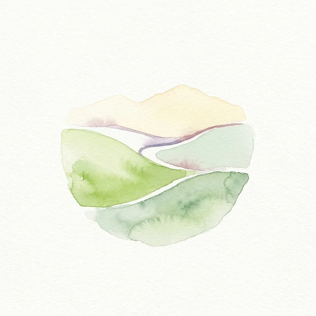 Ilustración abstracta en acuarela de colinas ondulantes y una vía fluvial sinuosa con tonos verdes, azules, amarillos y morados suaves.
