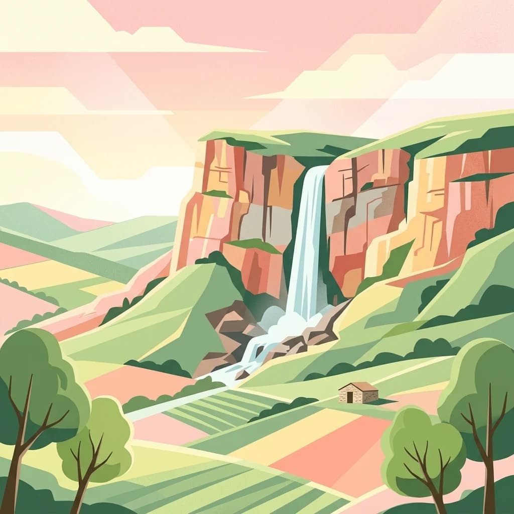 Stylized illustration of a waterfall cascading from cliffs into a valley with rolling hills, fields, and a small house