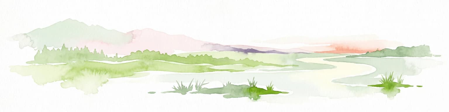 Watercolor illustration showing green grasslands, distant hills, and a winding path under a light sky