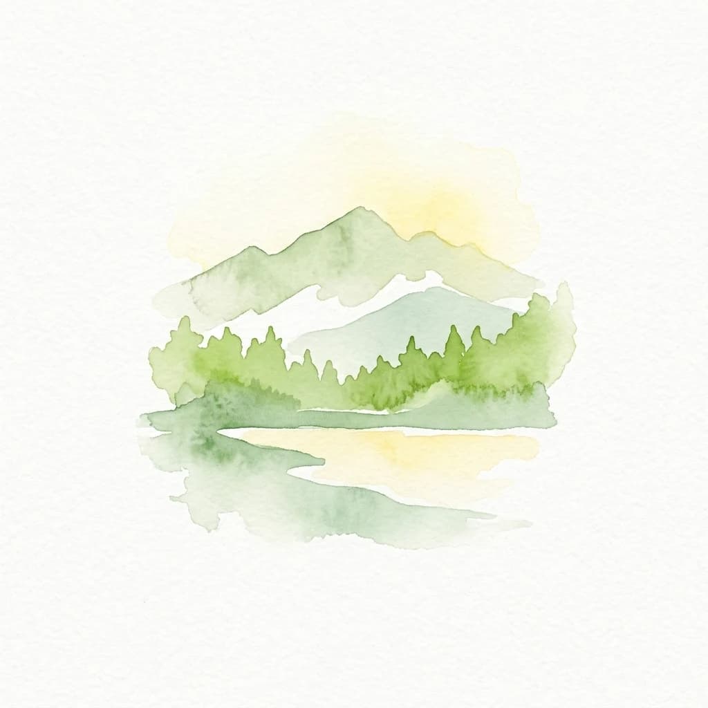 Ilustración acuarela de montañas, bosque y lago con reflejo