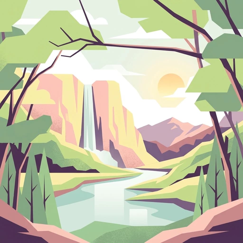Illustration showing a waterfall cascading from a cliff into a river, with mountains in the background and trees framing the scene