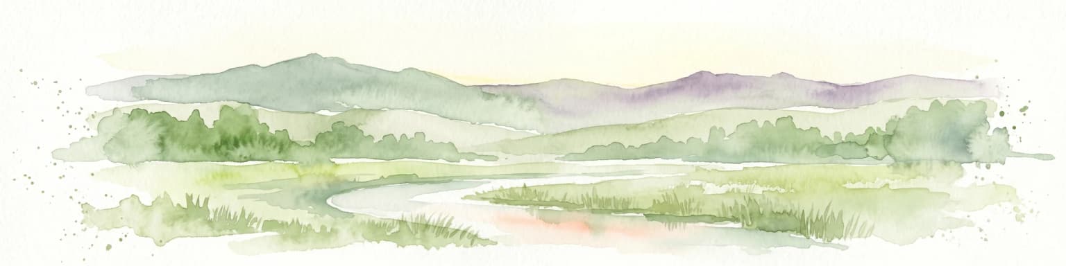 Pintura de acuarela de un río que fluye a través de un valle rodeado de colinas y densa vegetación verde