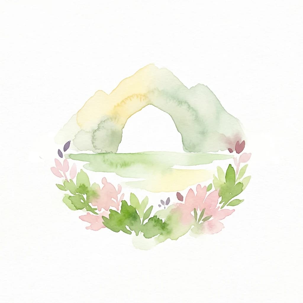 Watercolor illustration of a mountain landscape with a rainbow, green foliage, and pink flowers arranged in a circular wreath