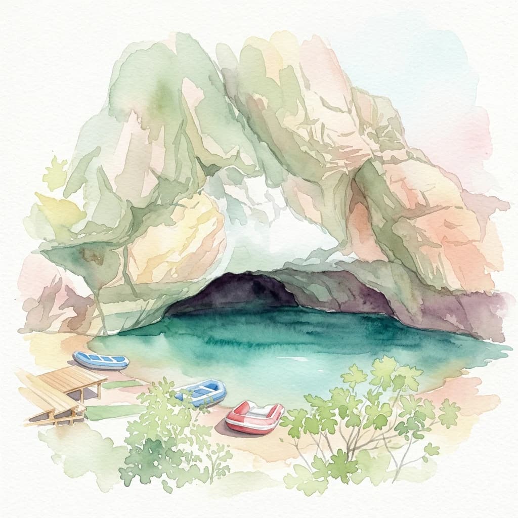 Watercolor depiction of a cave entrance with turquoise water, three small boats on the shore, and surrounding greenery
