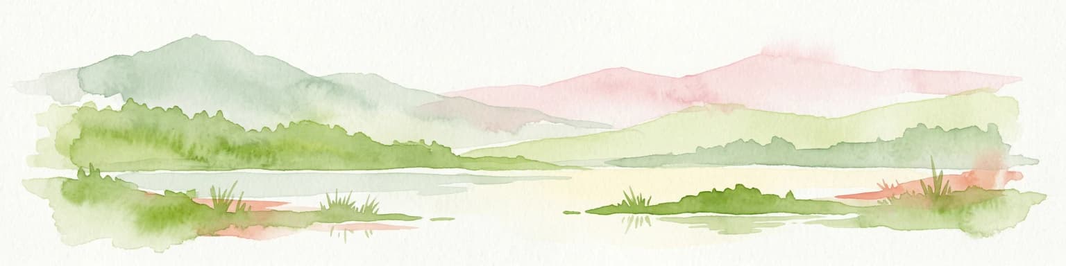 Watercolor illustration showing a mountainous landscape with a lake and greenery