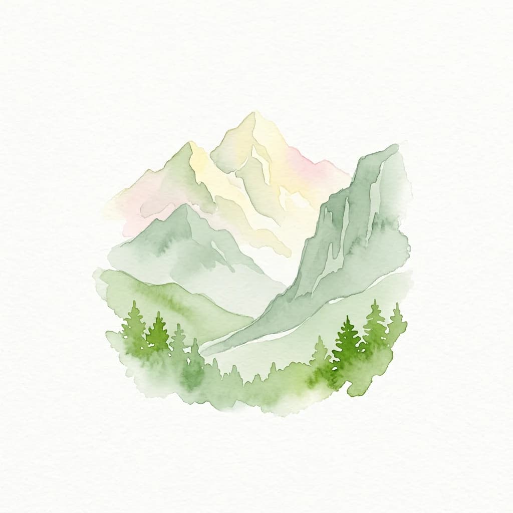 Watercolor illustration of mountain range with green forests and misty peaks