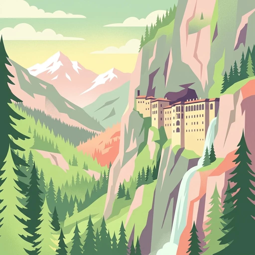 Illustration showing a building on a cliff with mountains, forests, and waterfall in the background