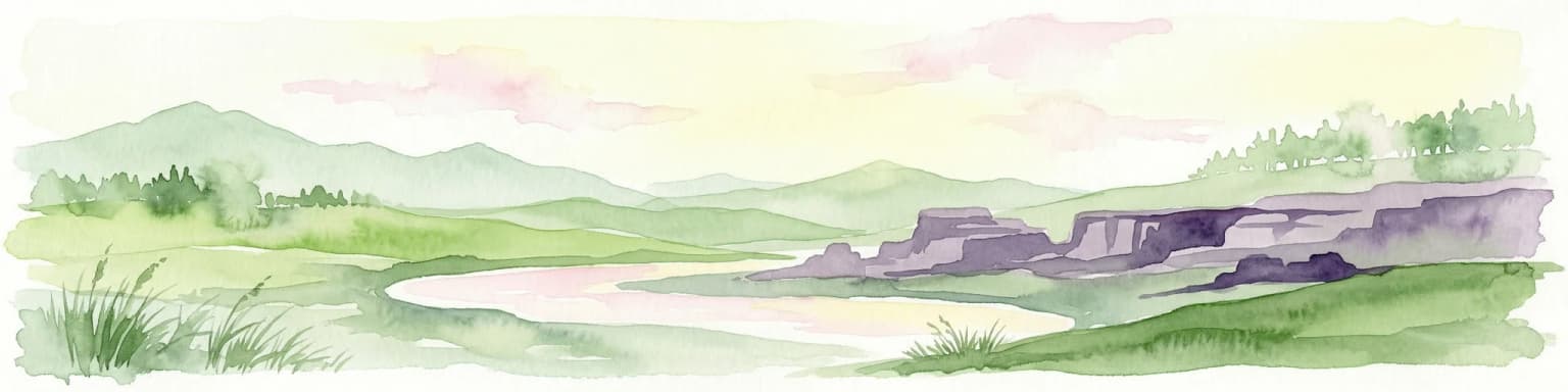 Watercolor illustration showing a valley landscape with a lake, mountains, and grassy foreground