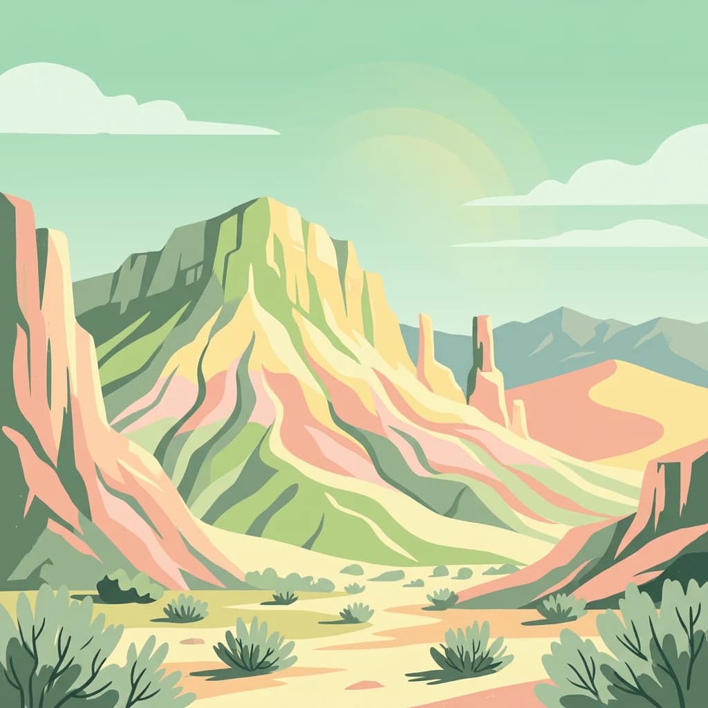 Colorful illustration of a mountainous desert landscape with rocky peaks and sparse vegetation