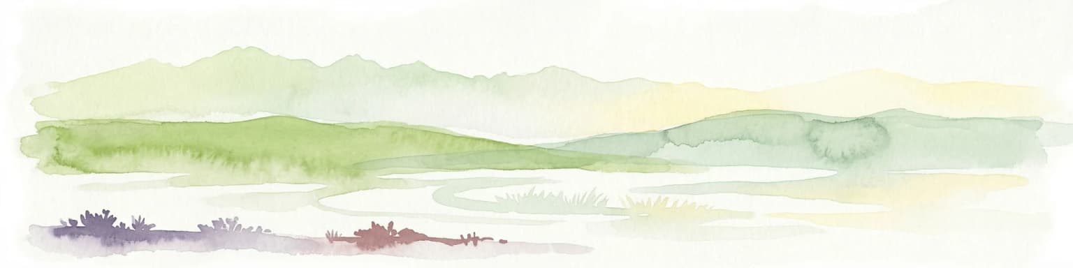Watercolor illustration showing rolling hills, distant mountains, and sparse vegetation