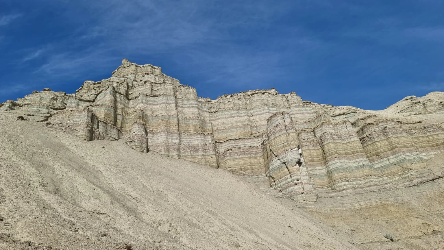Layered rock formations with horizontal strata and sandy terrain under clear blue sky