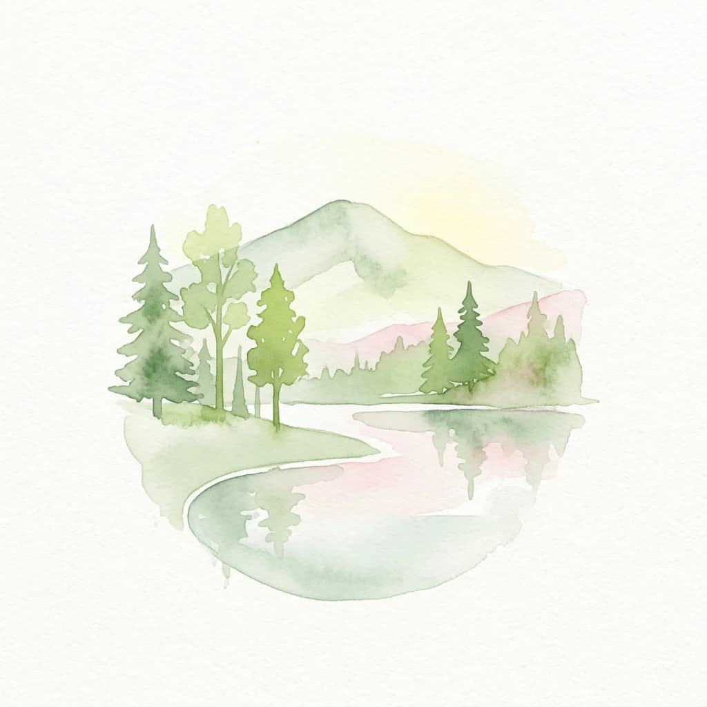 Watercolor illustration showing a lake reflecting forested mountains and trees