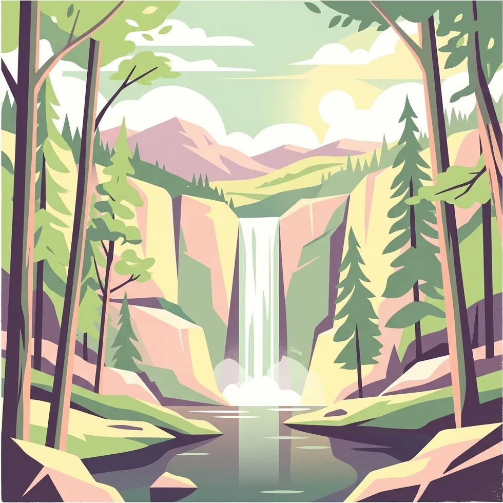 Stylized illustration of a waterfall surrounded by trees with mountains in the background
