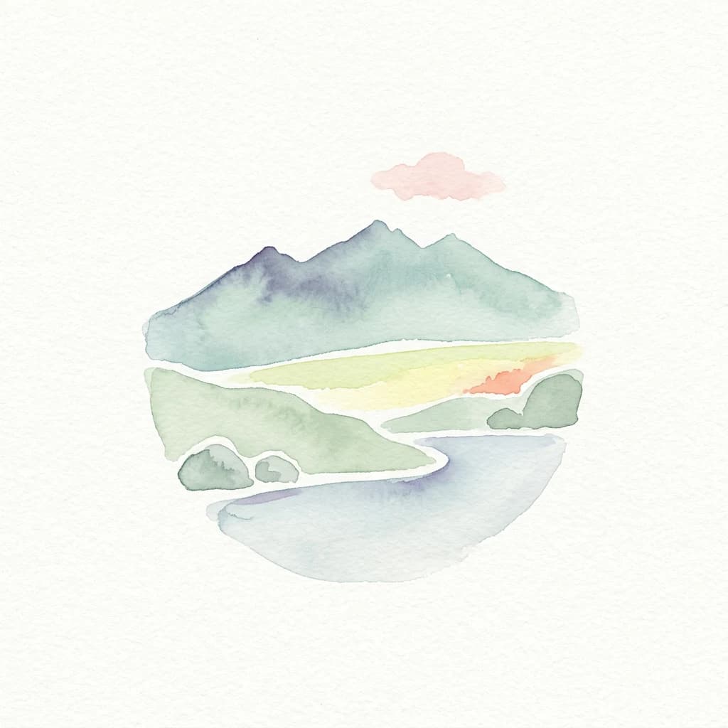 Watercolor illustration of mountains, a river, and hills with a pink cloud in a circular frame.