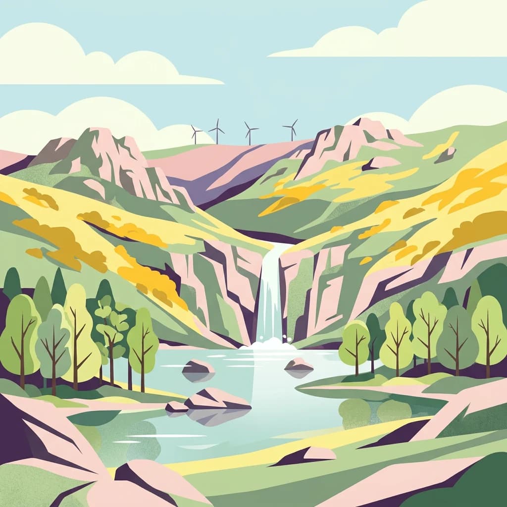 Colorful illustration of a mountain landscape with a waterfall cascading into a lake surrounded by trees and hills