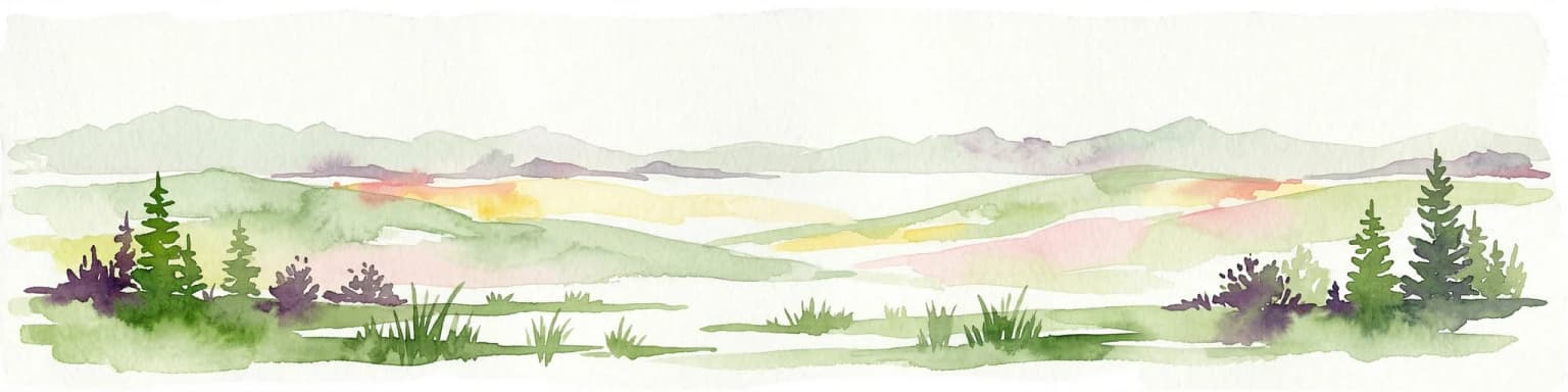 Watercolor landscape illustration featuring mountains, forests, fields, and trees