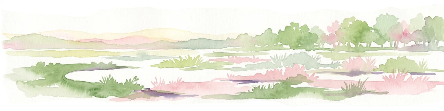 Una pintura horizontal en acuarela que representa un paisaje de pradera suave y luminoso, con árboles dispersos, vegetación baja y zonas de agua.