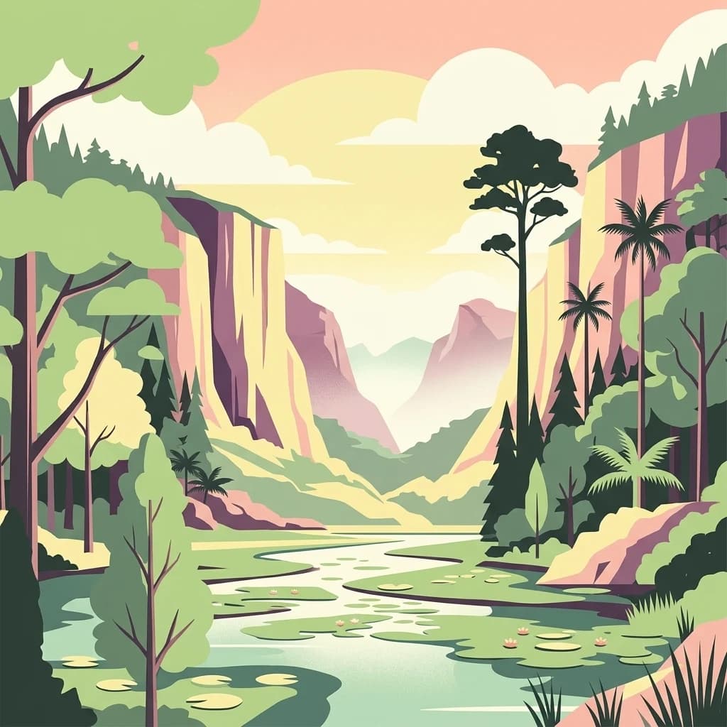 Illustration showing a river flowing through a valley with cliffs on both sides, various trees including palm trees, and mountains in the background