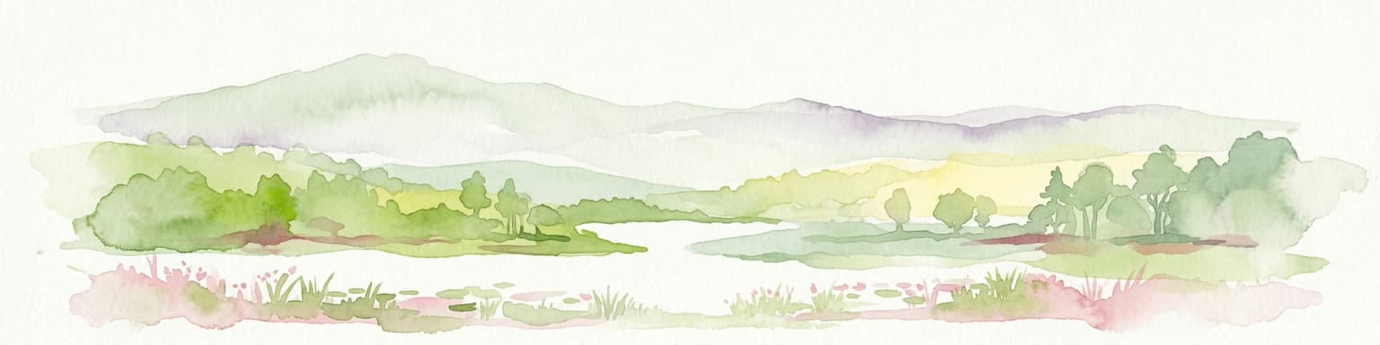 Watercolor illustration of a landscape featuring mountains, a lake, trees, and pink flowers in the foreground