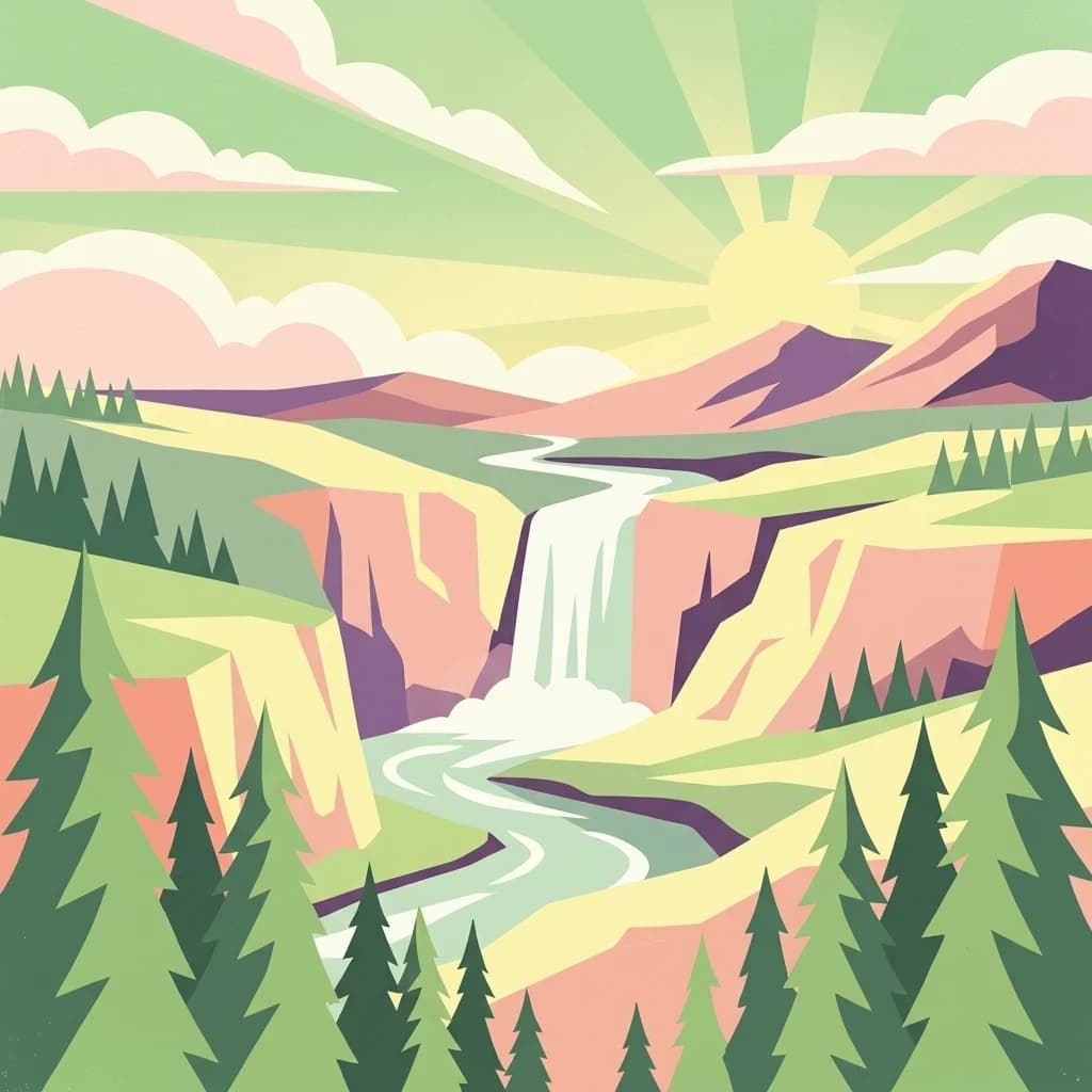 Colorful illustration of a waterfall flowing through a mountainous valley with pine trees and winding river