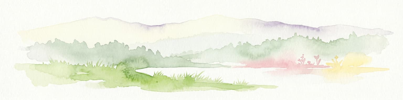 Watercolor illustration of a landscape featuring rolling hills, trees, and a small body of water