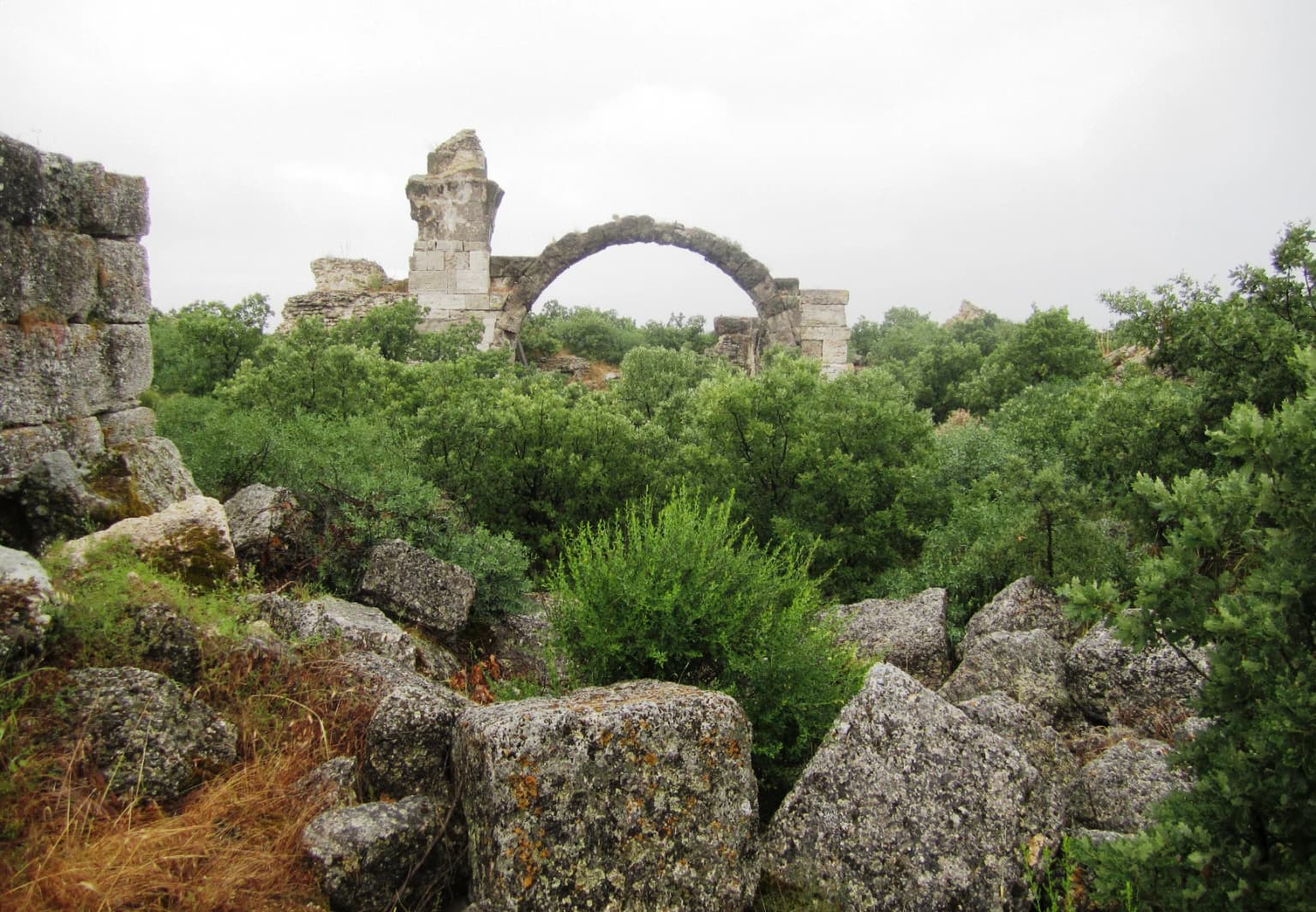 Stone arch ruins of Alexandria Troas with scattered boulders and dense vegetation under overcast sky