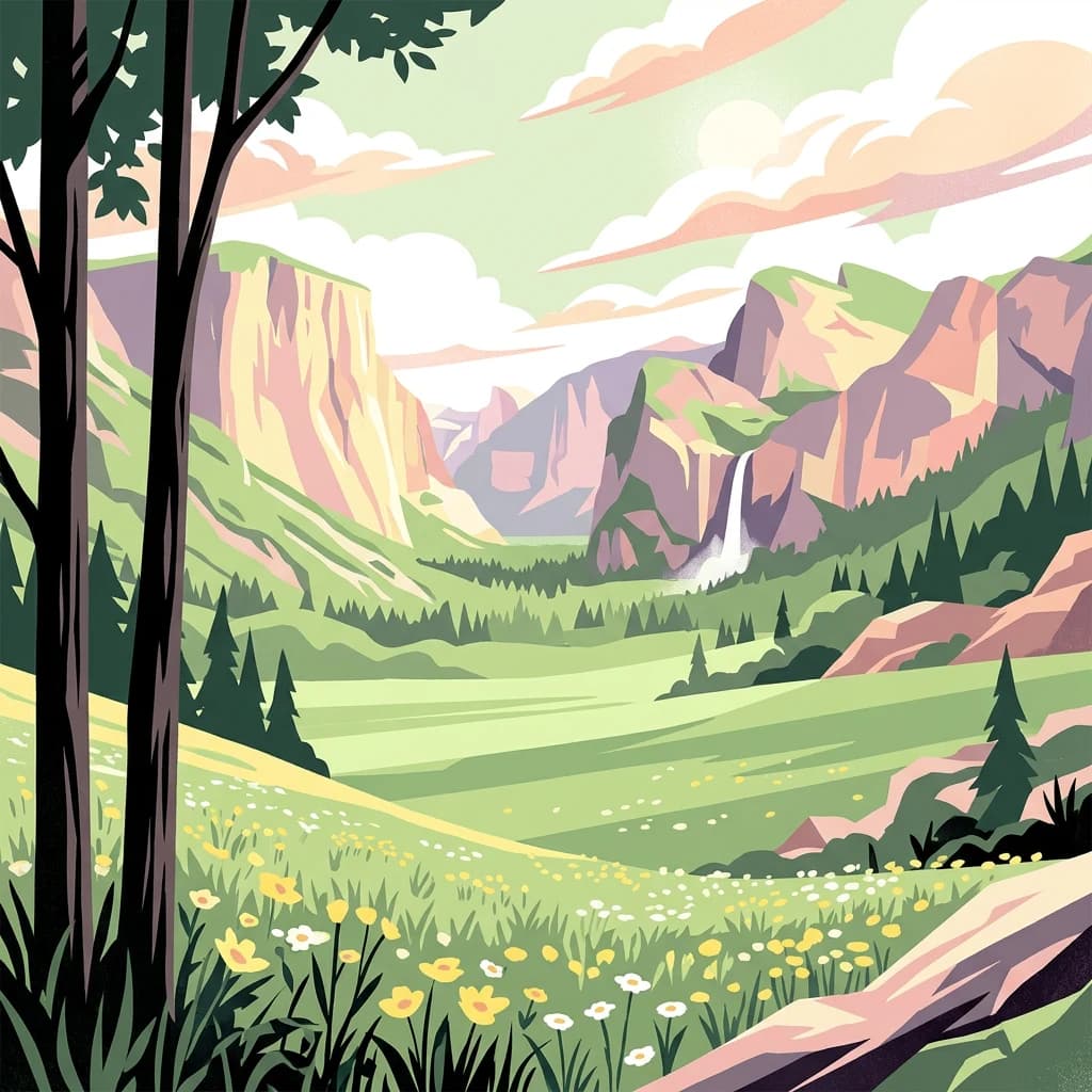 A stylized illustration showing a valley with a waterfall, green meadows, wildflowers, and trees under a partly cloudy sky