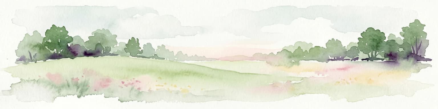 Watercolor painting of a grassy field with trees and a soft sky